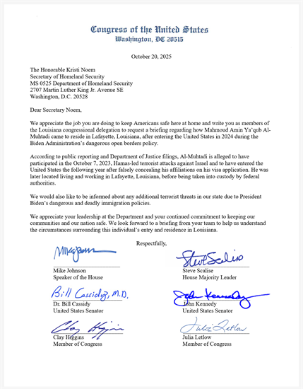 Louisiana Delegation Asks Trump Administration for Details on Alleged Hamas Terrorist Living in Lafayette