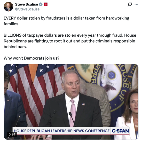 Scalise: Every Dollar Stolen by Fraudsters Is a Dollar Taken from Working Families